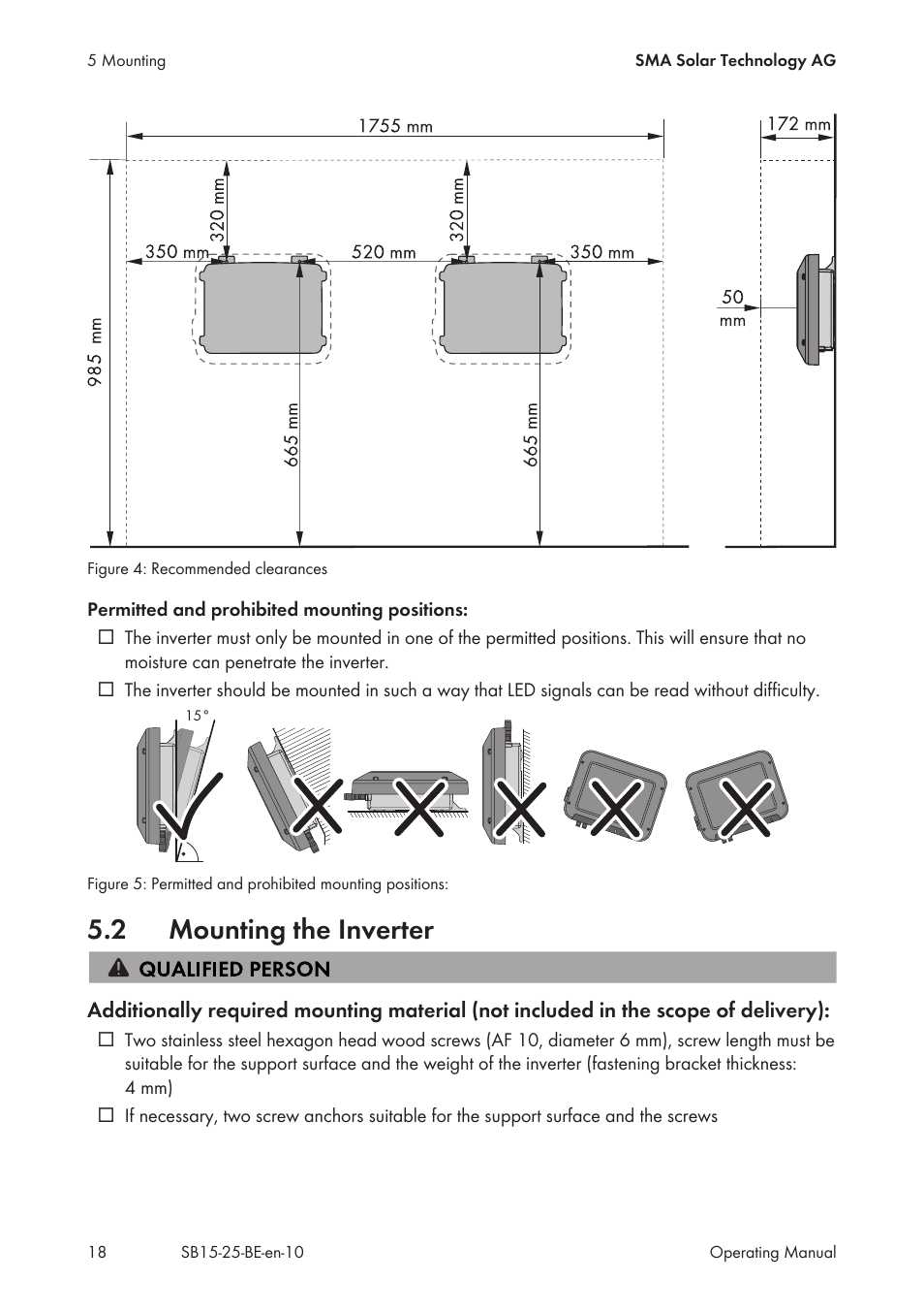 2 mounting the inverter, Mounting the inverter | SMA SB 1.5-1VL-40 User Manual | Page 18 / 60