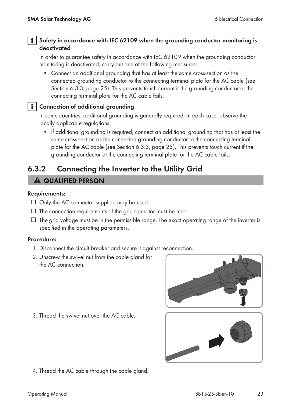 2 connecting the inverter to the utility grid, Connecting the inverter to the utility grid | SMA SB 1.5-1VL-40 User Manual | Page 23 / 60