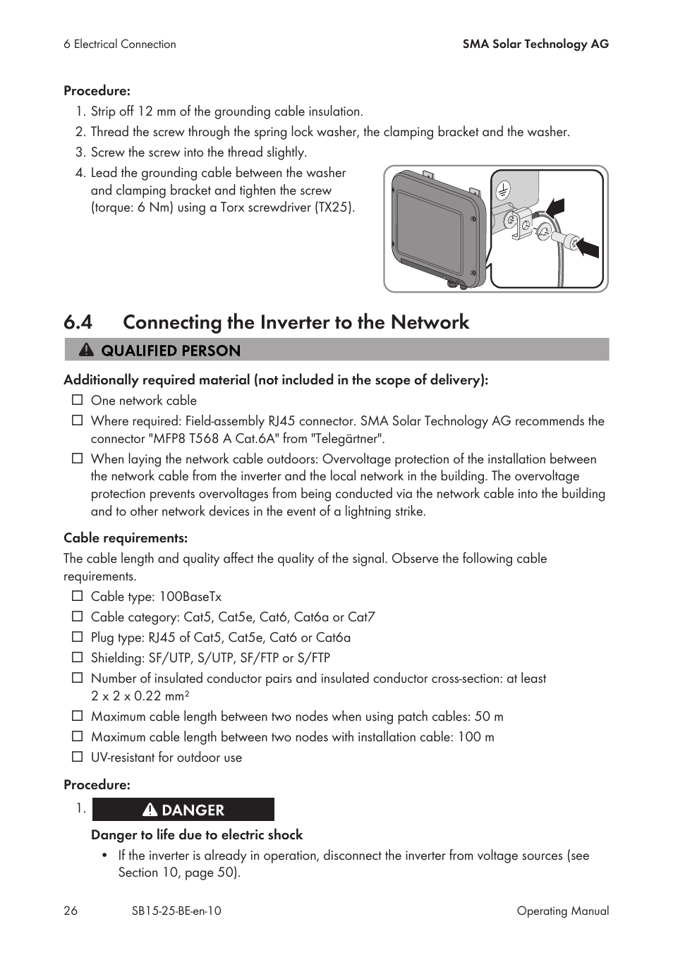 4 connecting the inverter to the network, Connecting the inverter to the network | SMA SB 1.5-1VL-40 User Manual | Page 26 / 60