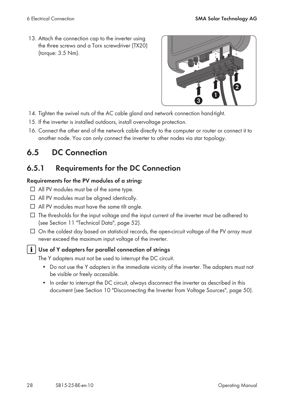 5 dc connection, 1 requirements for the dc connection, Dc connection | Requirements for the dc connection | SMA SB 1.5-1VL-40 User Manual | Page 28 / 60