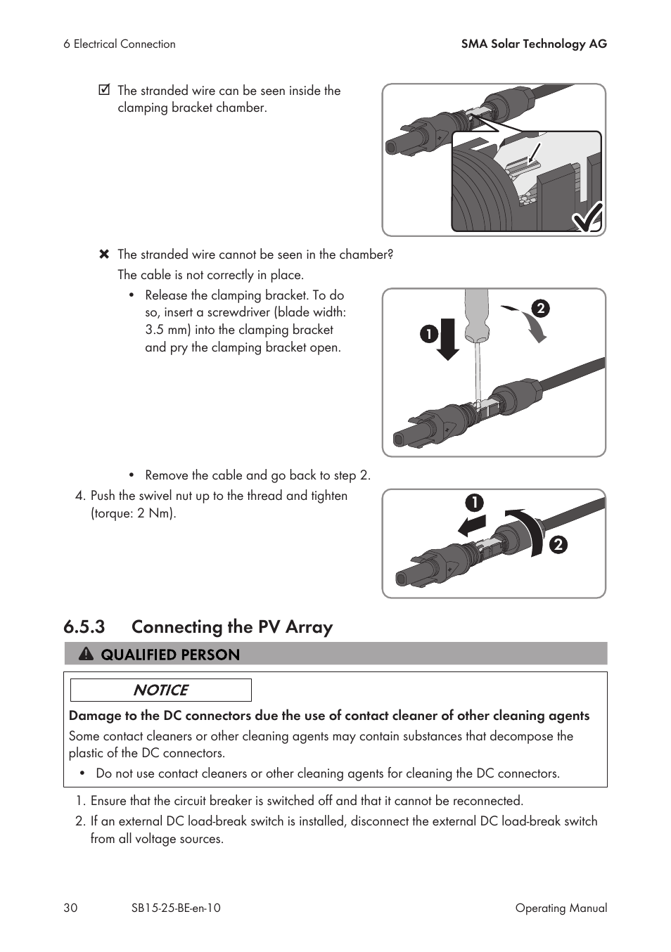 3 connecting the pv array, Connecting the pv array | SMA SB 1.5-1VL-40 User Manual | Page 30 / 60