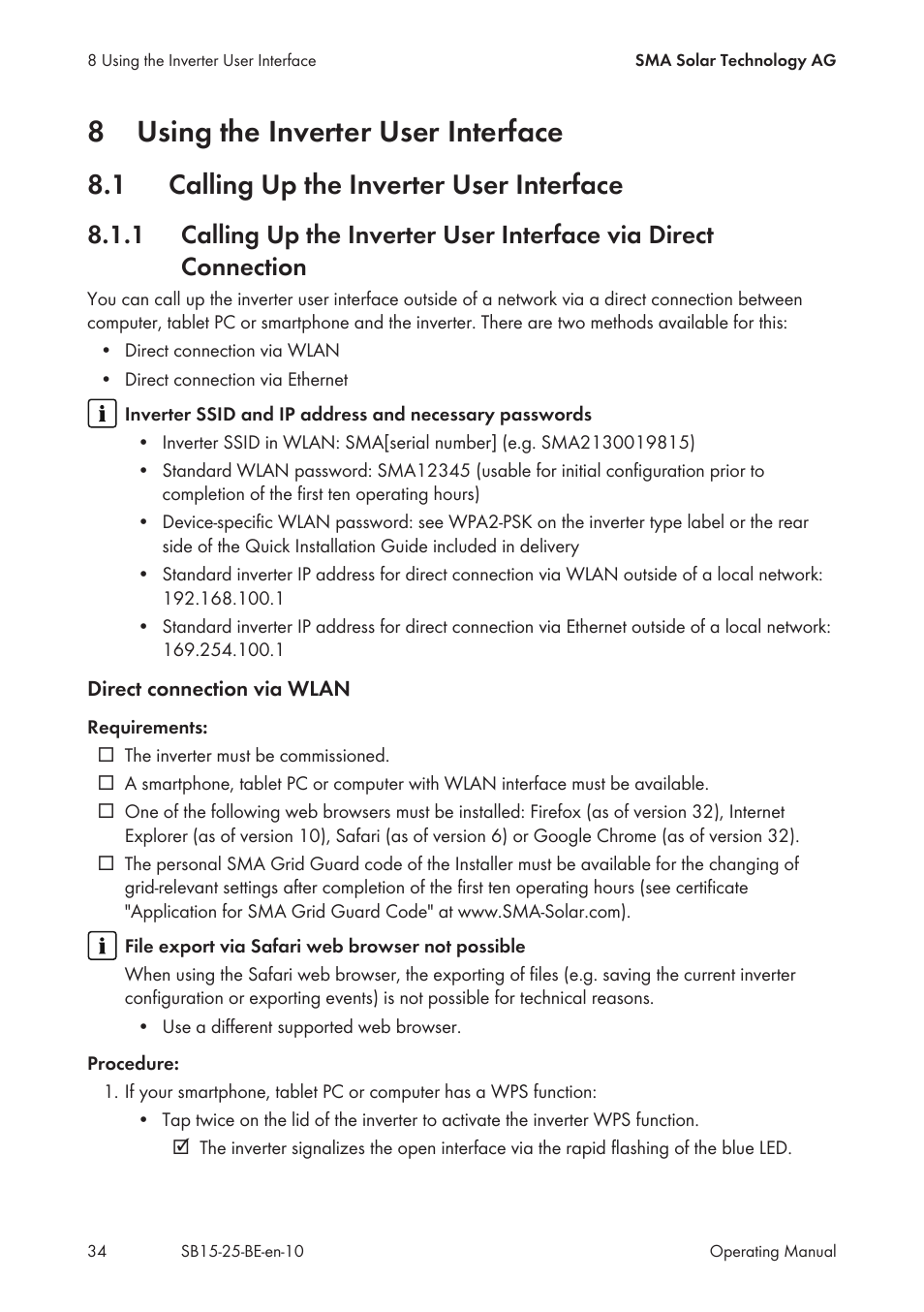 8 using the inverter user interface, 1 calling up the inverter user interface, Using the inverter user interface | Calling up the inverter user interface, 8using the inverter user interface | SMA SB 1.5-1VL-40 User Manual | Page 34 / 60