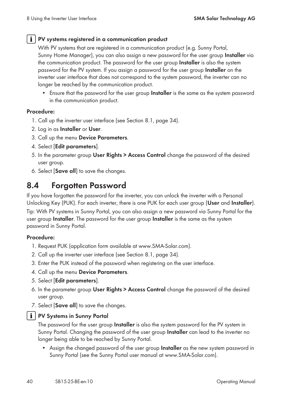 4 forgotten password, Forgotten password | SMA SB 1.5-1VL-40 User Manual | Page 40 / 60