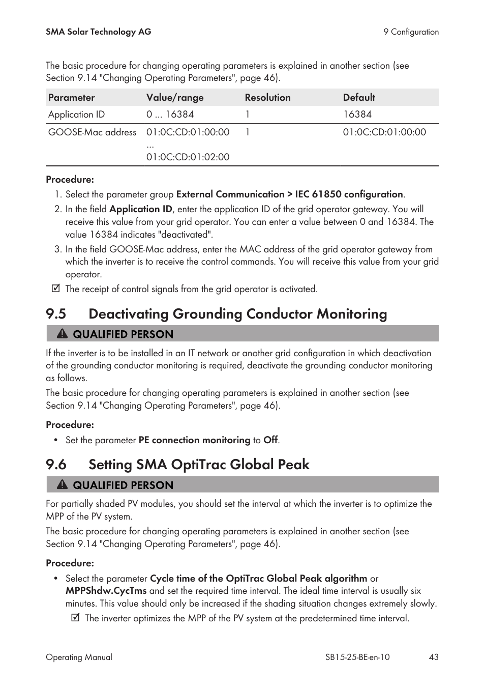 5 deactivating grounding conductor monitoring, 6 setting sma optitrac global peak, Deactivating grounding conductor monitoring | Setting sma optitrac global peak | SMA SB 1.5-1VL-40 User Manual | Page 43 / 60