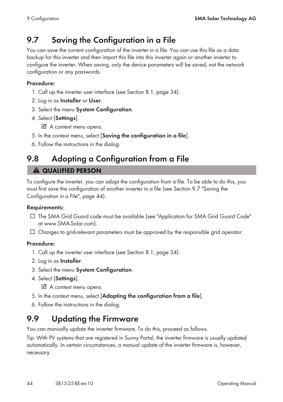 7 saving the configuration in a file, 8 adopting a configuration from a file, 9 updating the firmware | Saving the configuration in a file, Adopting a configuration from a file, Updating the firmware | SMA SB 1.5-1VL-40 User Manual | Page 44 / 60