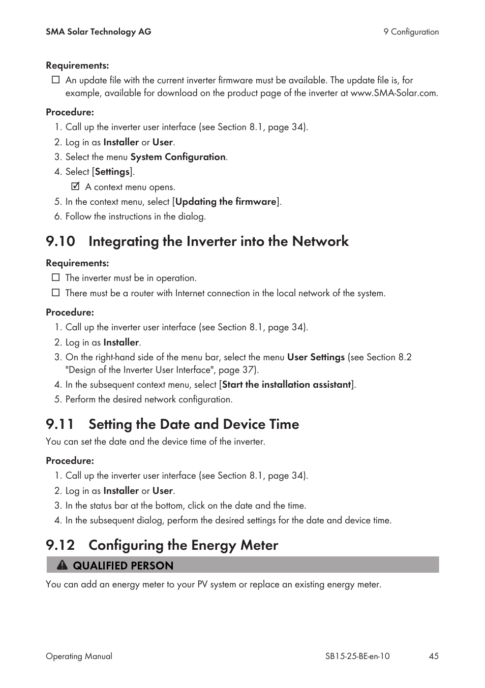 10 integrating the inverter into the network, 11 setting the date and device time, 12 configuring the energy meter | SMA SB 1.5-1VL-40 User Manual | Page 45 / 60