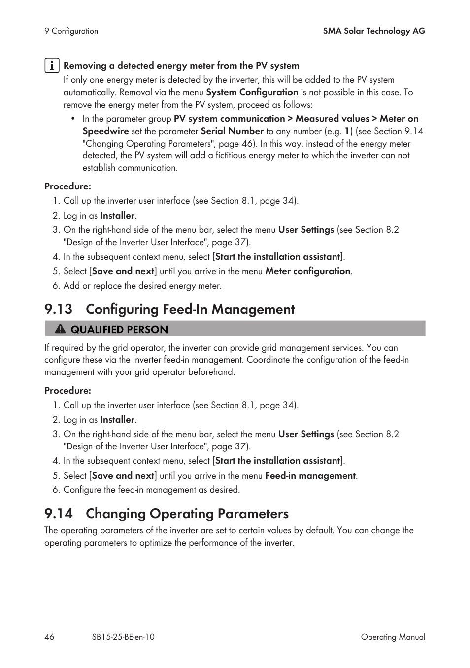 13 configuring feed-in management, 14 changing operating parameters | SMA SB 1.5-1VL-40 User Manual | Page 46 / 60