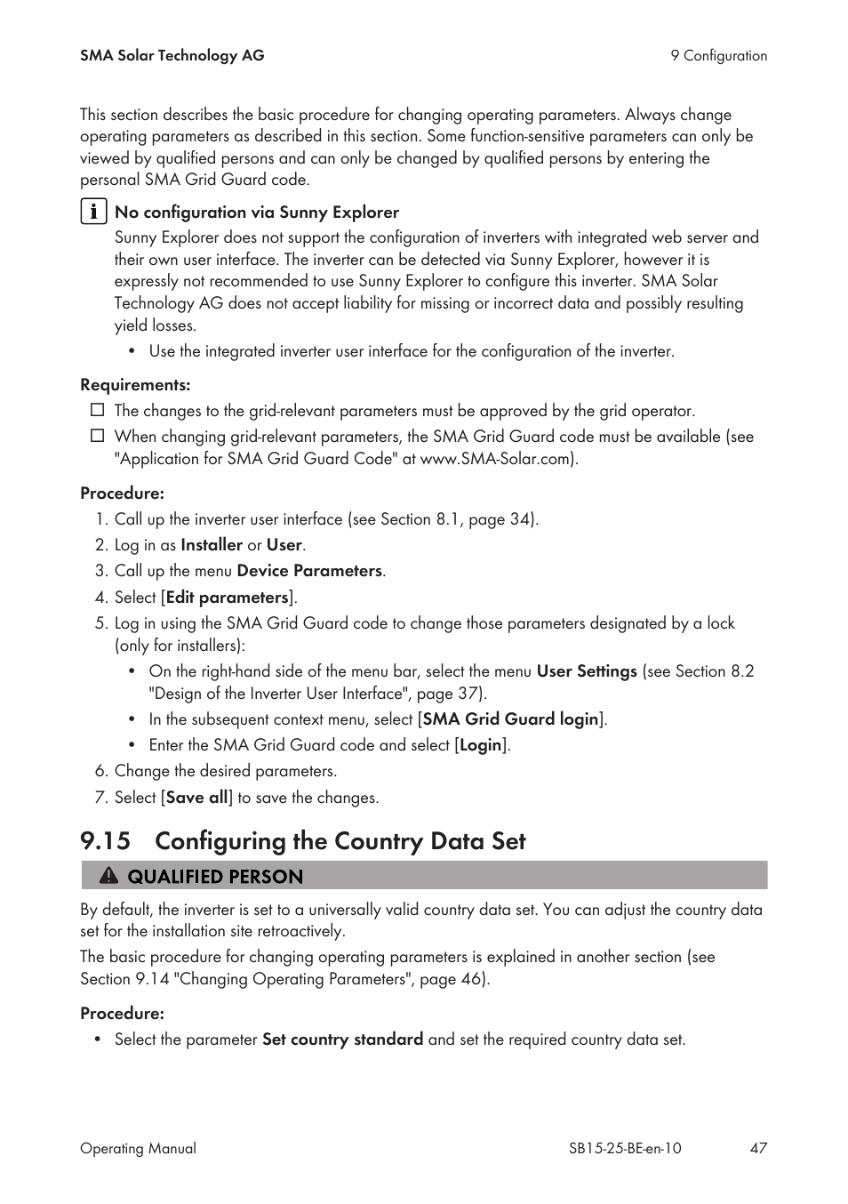 15 configuring the country data set | SMA SB 1.5-1VL-40 User Manual | Page 47 / 60