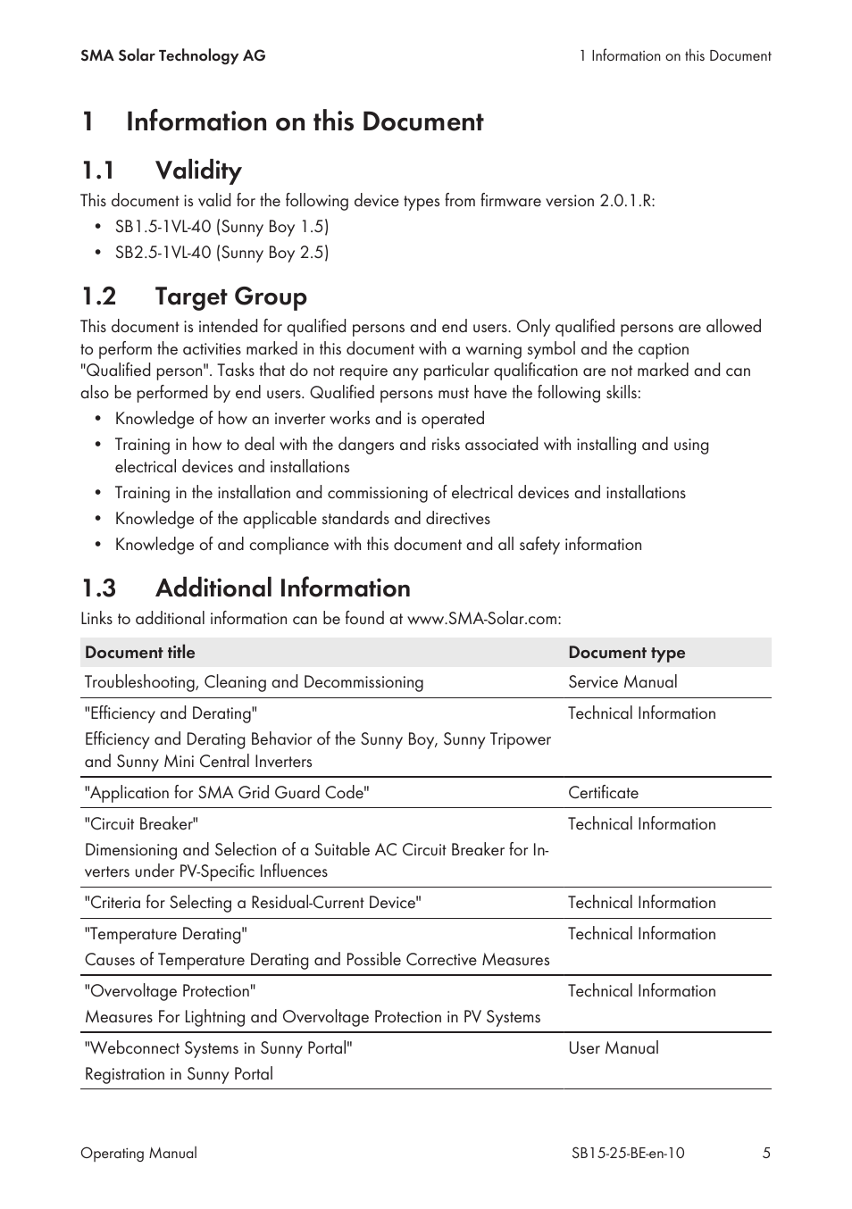 1 information on this document, 1 validity, 2 target group | 3 additional information, Information on this document, Validity, Target group, Additional information, 1information on this document | SMA SB 1.5-1VL-40 User Manual | Page 5 / 60