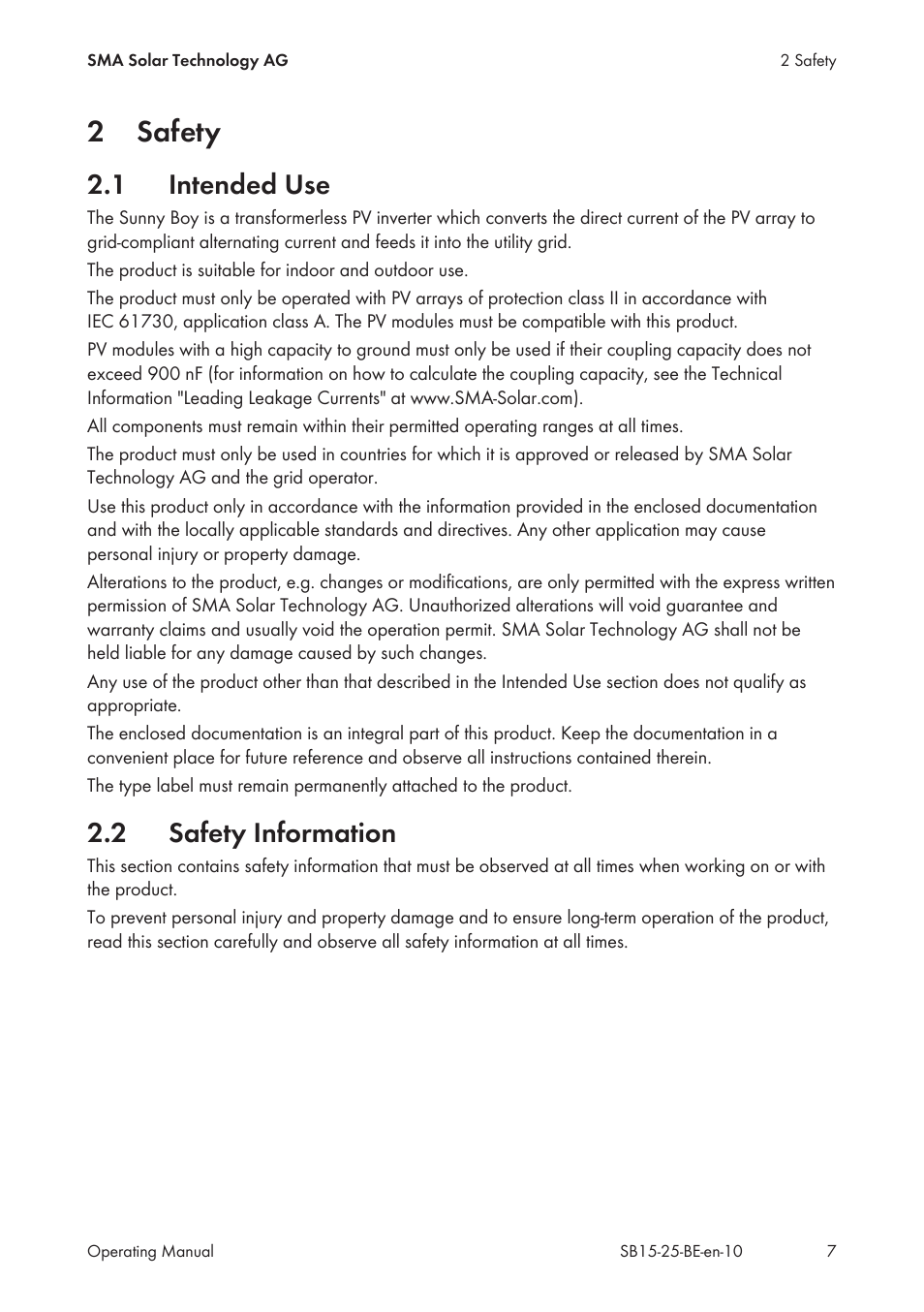2 safety, 1 intended use, 2 safety information | Safety, Intended use, Safety information, 2safety | SMA SB 1.5-1VL-40 User Manual | Page 7 / 60