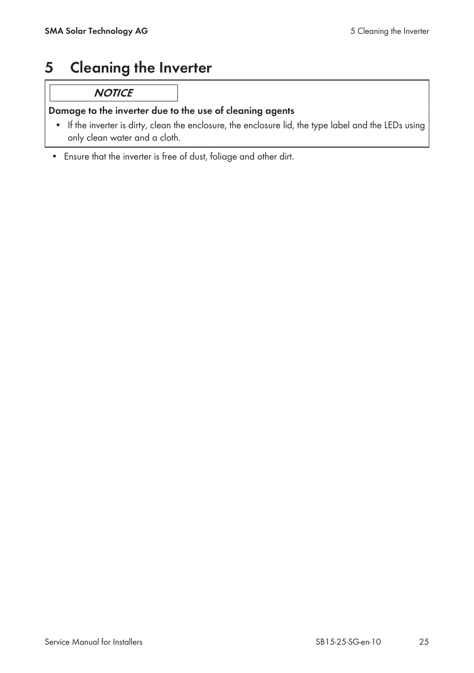 5 cleaning the inverter, Cleaning the inverter, 5cleaning the inverter | SMA SB 1.5-1VL-40 Service Manual User Manual | Page 25 / 36