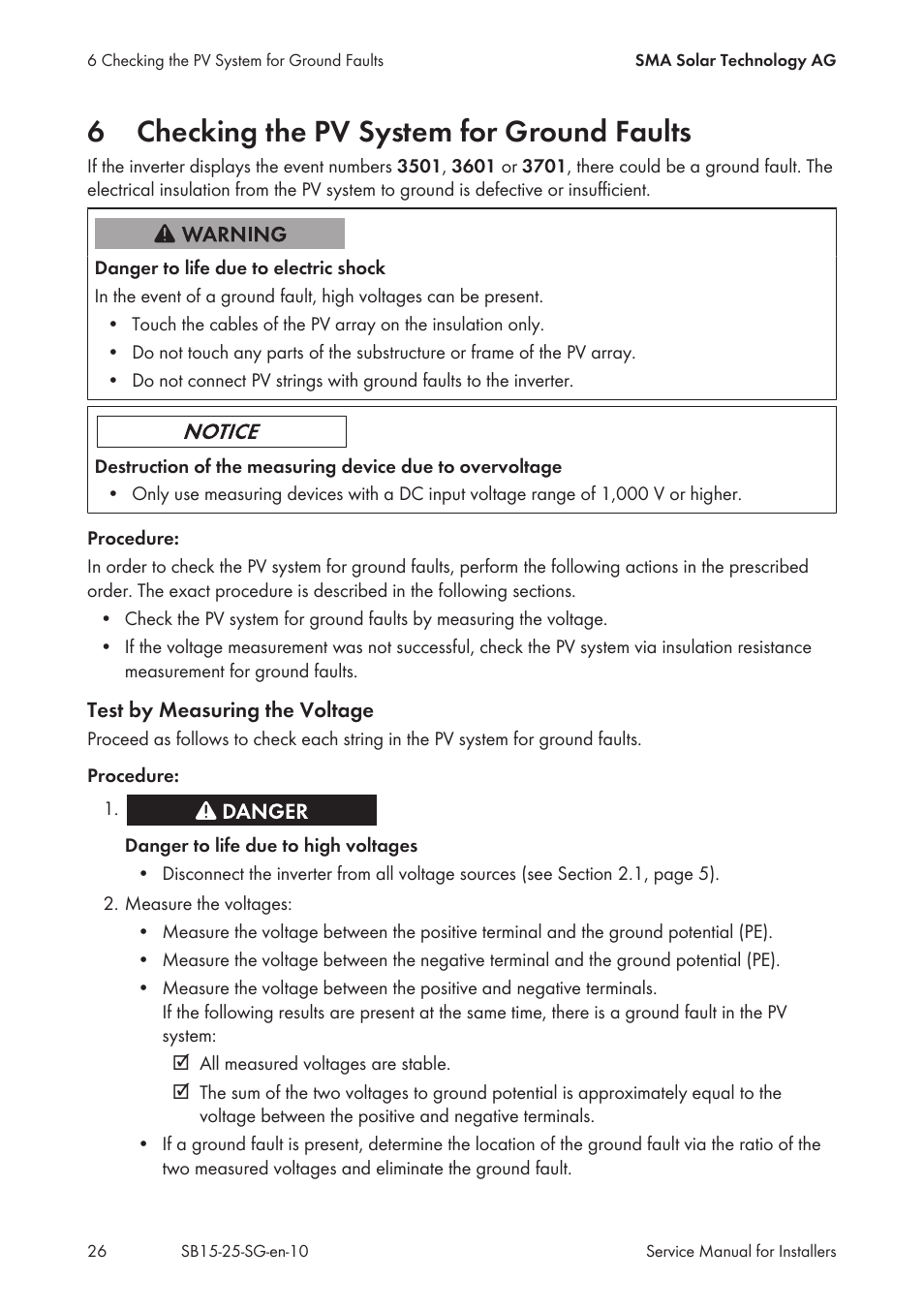 6 checking the pv system for ground faults, Checking the pv system for ground faults, 6checking the pv system for ground faults | SMA SB 1.5-1VL-40 Service Manual User Manual | Page 26 / 36