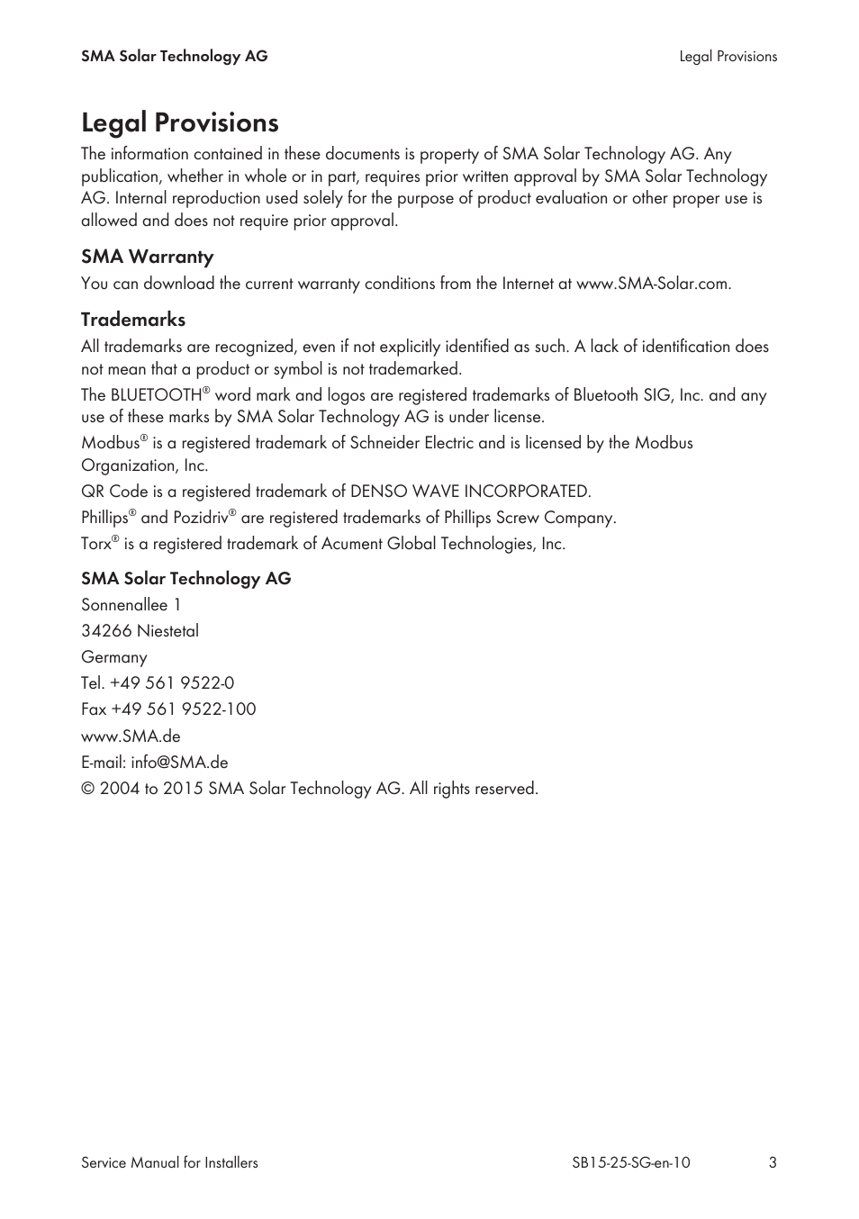 Legal provisions, Sma warranty, Trademarks | SMA SB 1.5-1VL-40 Service Manual User Manual | Page 3 / 36