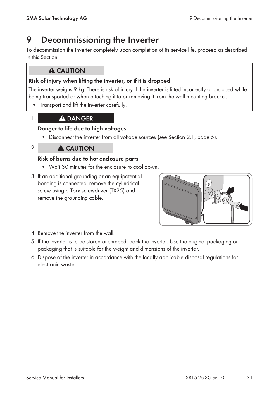 9 decommissioning the inverter, Decommissioning the inverter, 9decommissioning the inverter | SMA SB 1.5-1VL-40 Service Manual User Manual | Page 31 / 36
