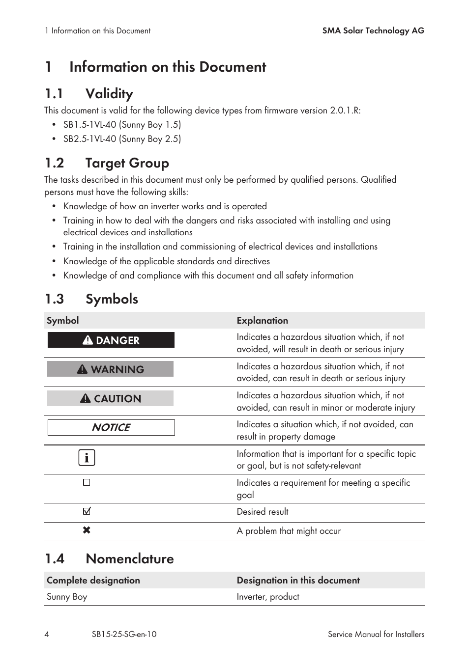 1 information on this document, 1 validity, 2 target group | 3 symbols, 4 nomenclature, Information on this document, Validity, Target group, Symbols, Nomenclature | SMA SB 1.5-1VL-40 Service Manual User Manual | Page 4 / 36