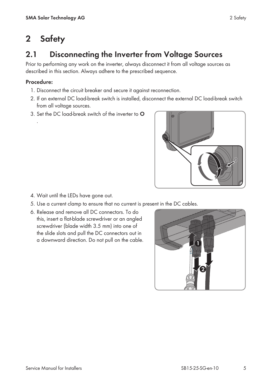 2 safety, 1 disconnecting the inverter from voltage sources, Safety | Disconnecting the inverter from voltage sources, 2safety | SMA SB 1.5-1VL-40 Service Manual User Manual | Page 5 / 36
