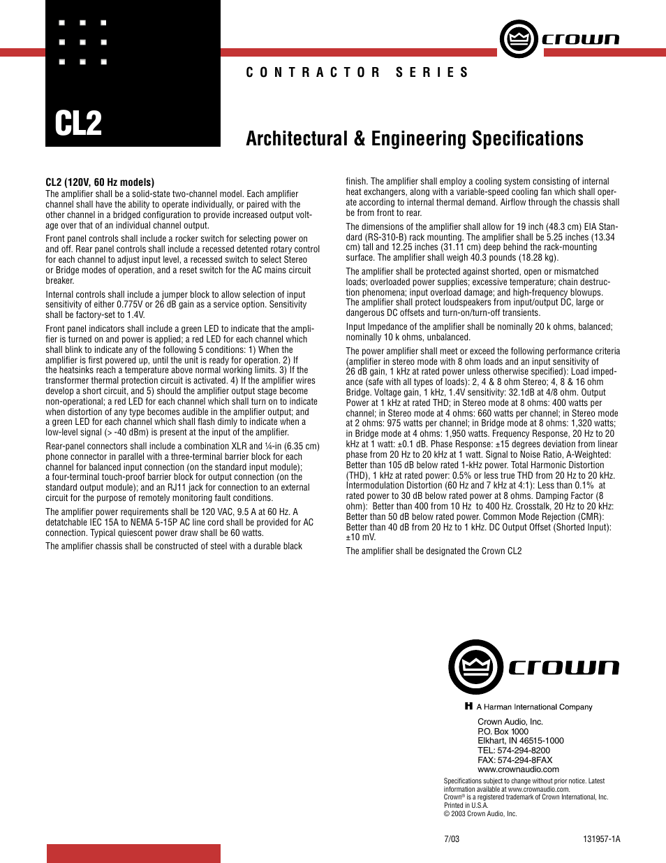 Crown Audio CL2 User Manual | 1 page