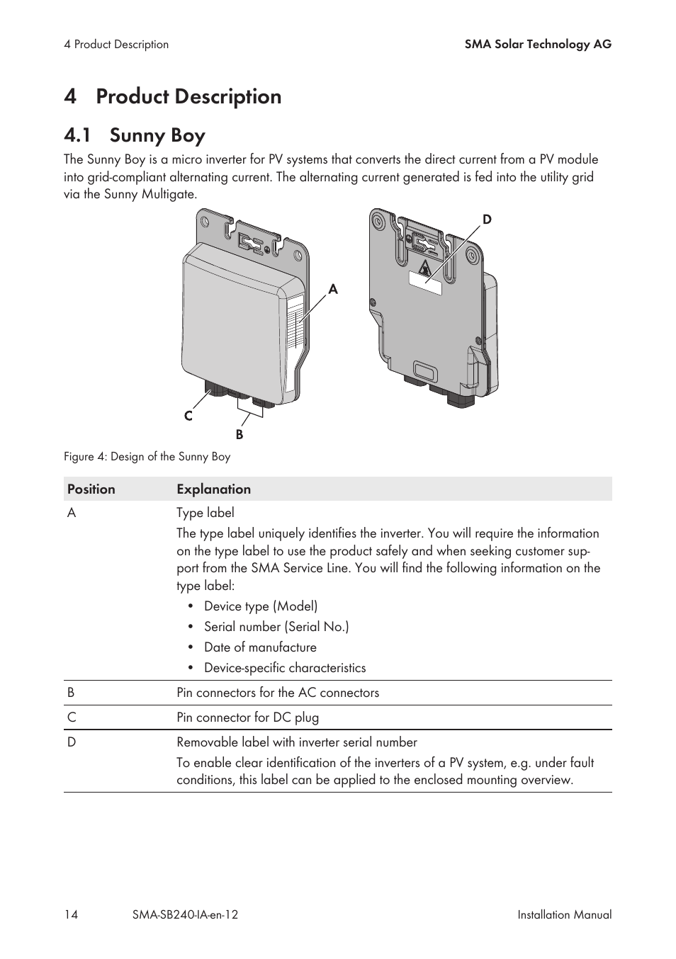 4 product description, 1 sunny boy, Product description | Sunny boy | SMA SB 240 User Manual | Page 14 / 78