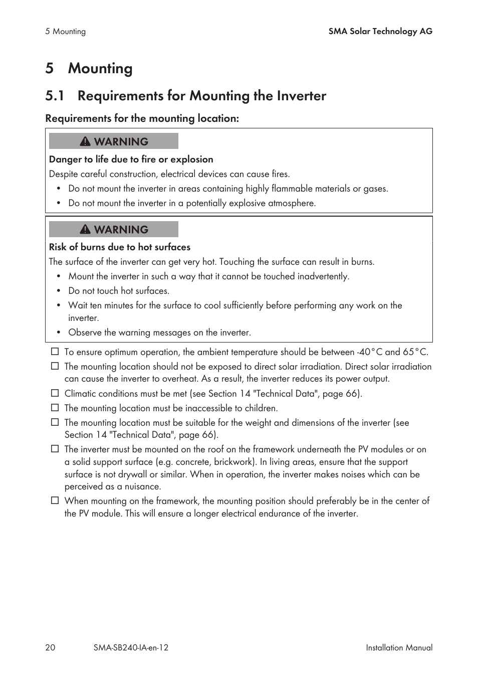 5 mounting, 1 requirements for mounting the inverter, Mounting | Requirements for mounting the inverter | SMA SB 240 User Manual | Page 20 / 78