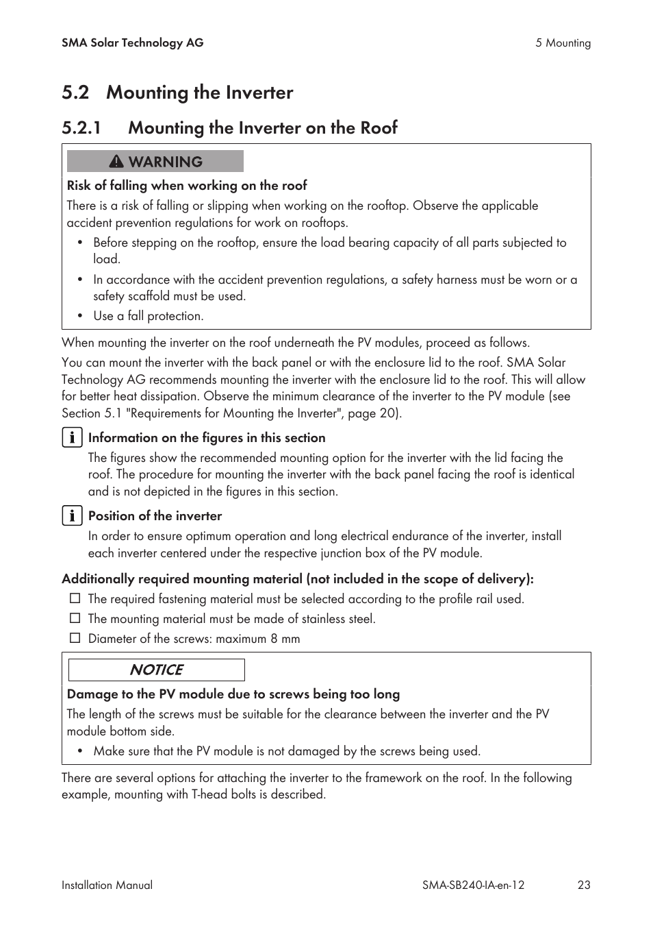 2 mounting the inverter, 1 mounting the inverter on the roof, Mounting the inverter | Mounting the inverter on the roof | SMA SB 240 User Manual | Page 23 / 78