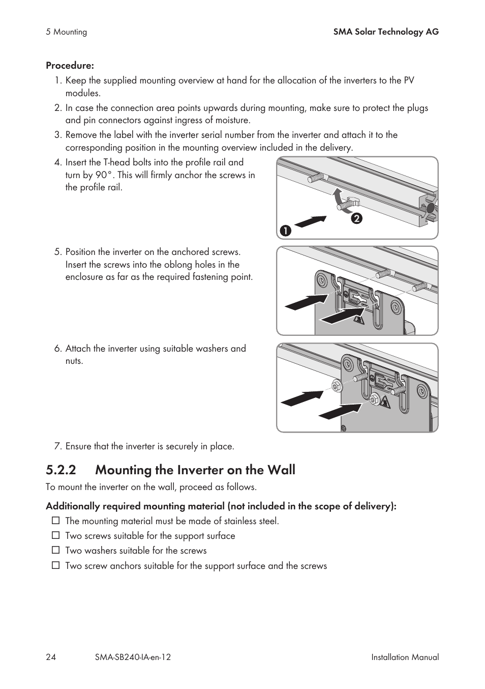 2 mounting the inverter on the wall, Mounting the inverter on the wall | SMA SB 240 User Manual | Page 24 / 78
