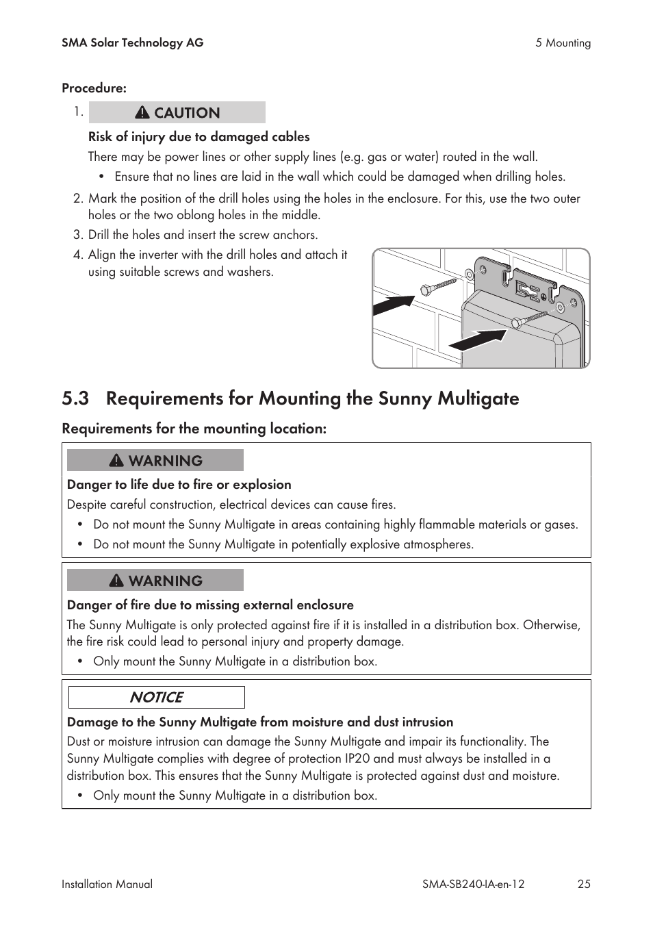 3 requirements for mounting the sunny multigate, Requirements for mounting the sunny multigate | SMA SB 240 User Manual | Page 25 / 78