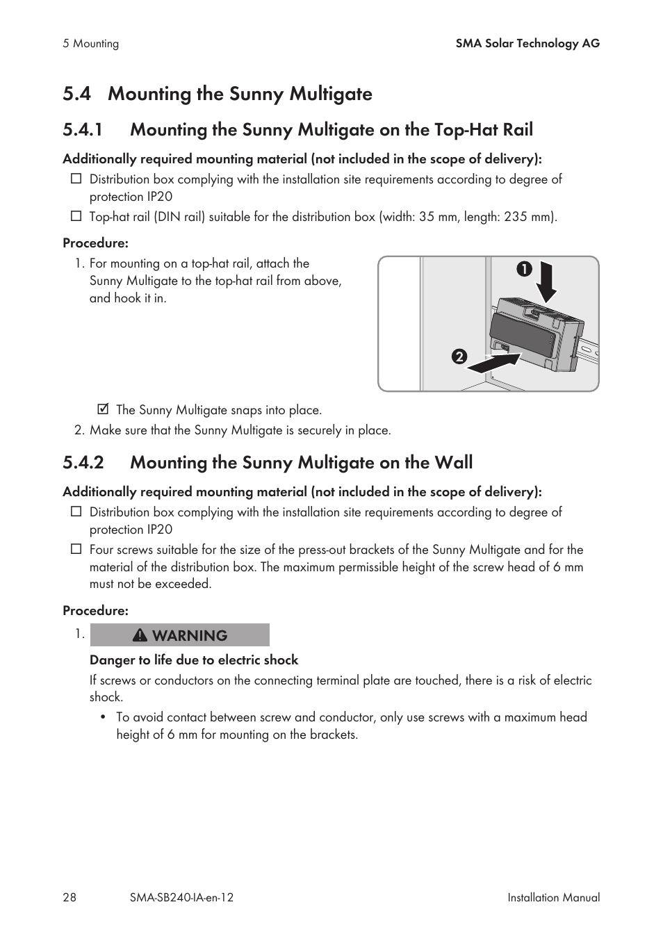 4 mounting the sunny multigate, 1 mounting the sunny multigate on the top-hat rail, 2 mounting the sunny multigate on the wall | Mounting the sunny multigate, Mounting the sunny multigate on the top-hat rail, Mounting the sunny multigate on the wall | SMA SB 240 User Manual | Page 28 / 78