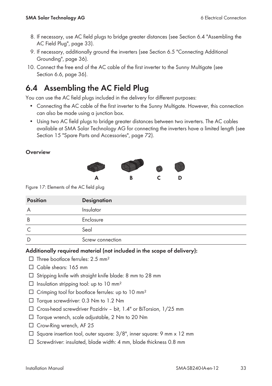 4 assembling the ac field plug, Assembling the ac field plug | SMA SB 240 User Manual | Page 33 / 78