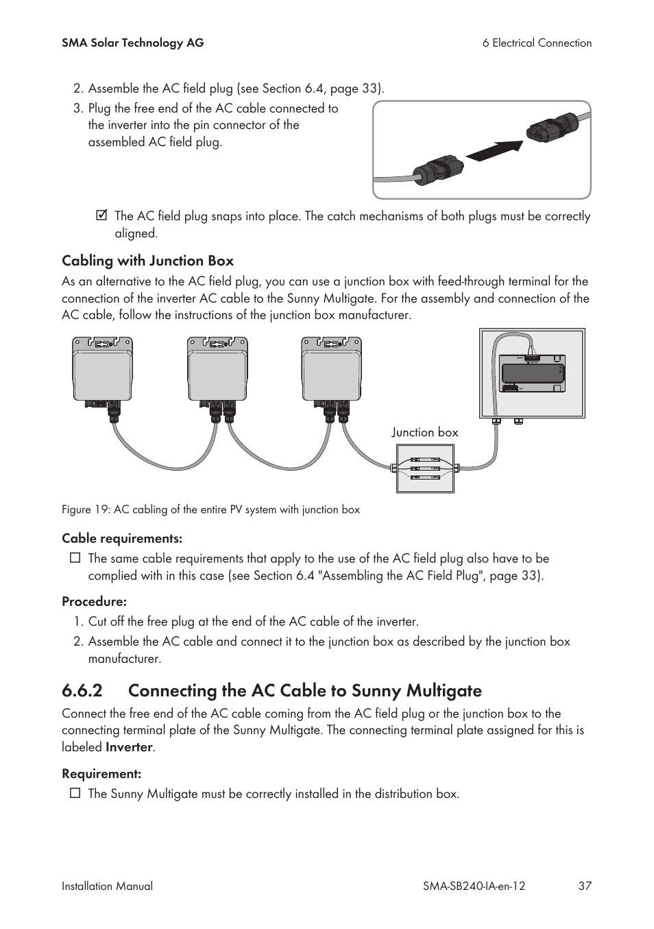 2 connecting the ac cable to sunny multigate, Connecting the ac cable to sunny multigate | SMA SB 240 User Manual | Page 37 / 78