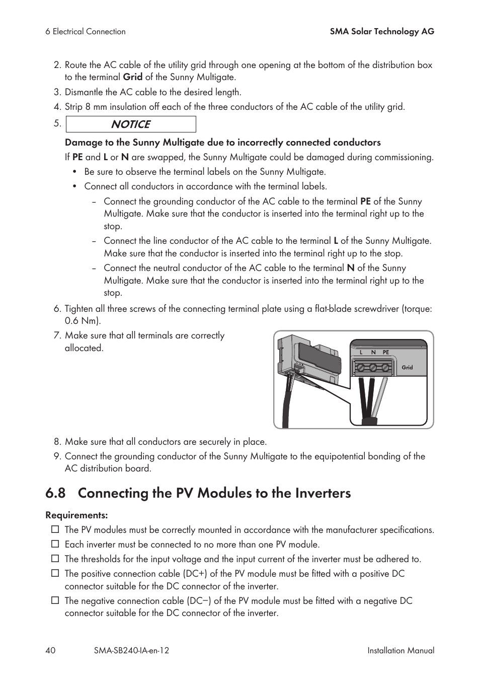 8 connecting the pv modules to the inverters, Connecting the pv modules to the inverters | SMA SB 240 User Manual | Page 40 / 78