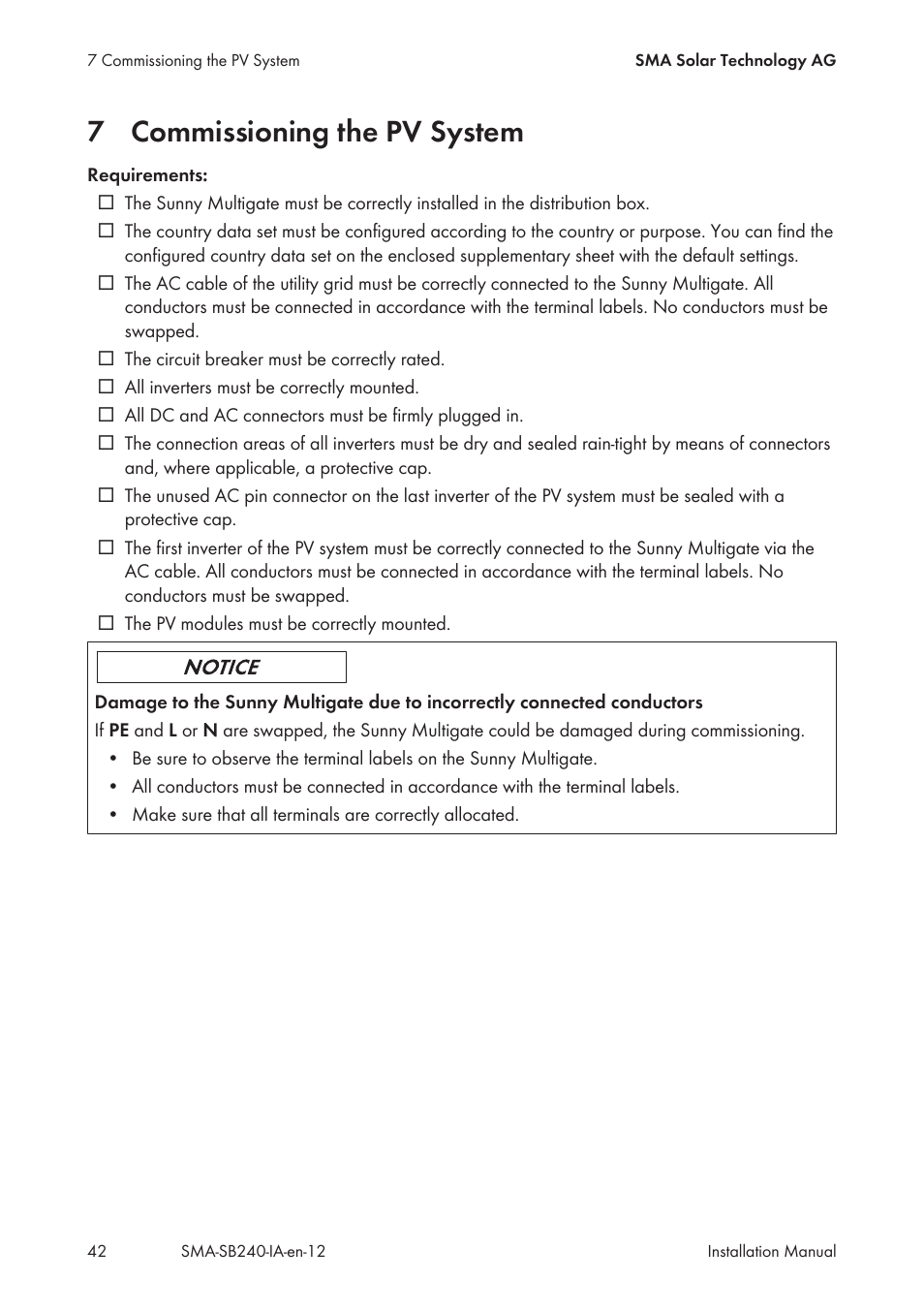 7 commissioning the pv system, Commissioning the pv system | SMA SB 240 User Manual | Page 42 / 78