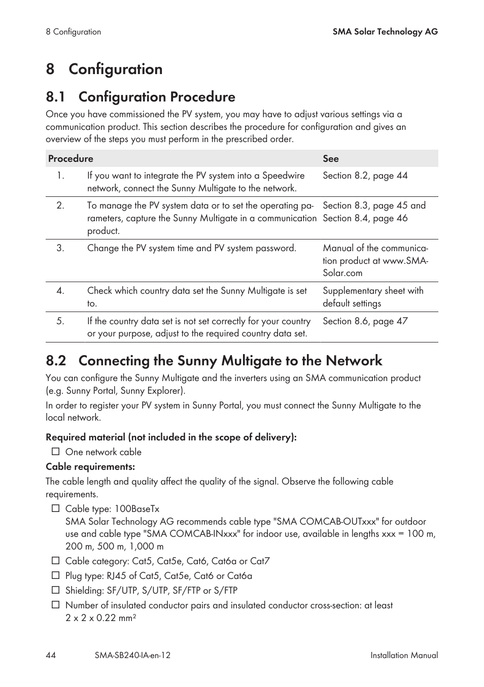 8 configuration, 1 configuration procedure, 2 connecting the sunny multigate to the network | Configuration, Configuration procedure, Connecting the sunny multigate to the network | SMA SB 240 User Manual | Page 44 / 78