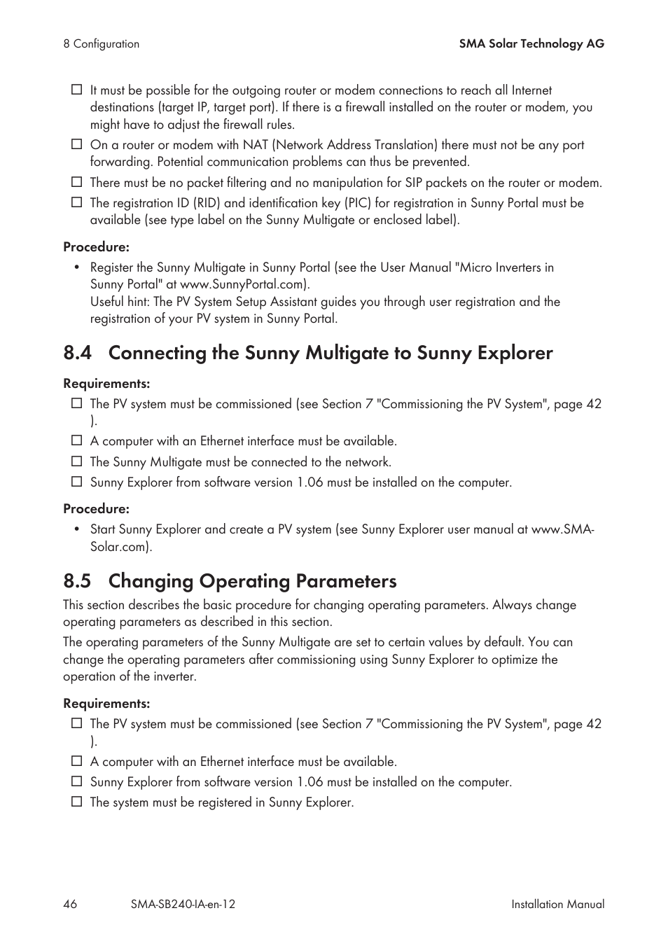 4 connecting the sunny multigate to sunny explorer, 5 changing operating parameters, Connecting the sunny multigate to sunny explorer | Changing operating parameters | SMA SB 240 User Manual | Page 46 / 78