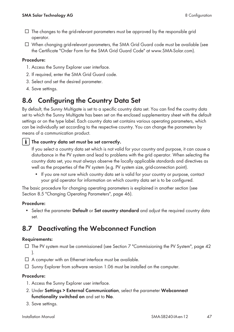 6 configuring the country data set, 7 deactivating the webconnect function, Configuring the country data set | Deactivating the webconnect function | SMA SB 240 User Manual | Page 47 / 78