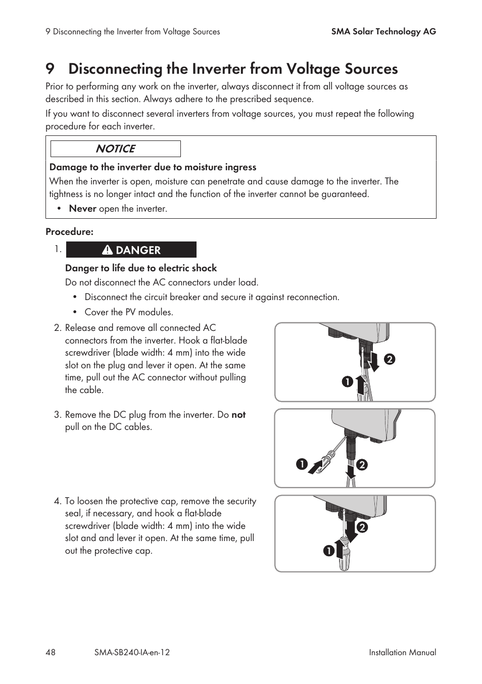 9 disconnecting the inverter from voltage sources, Disconnecting the inverter from voltage sources | SMA SB 240 User Manual | Page 48 / 78