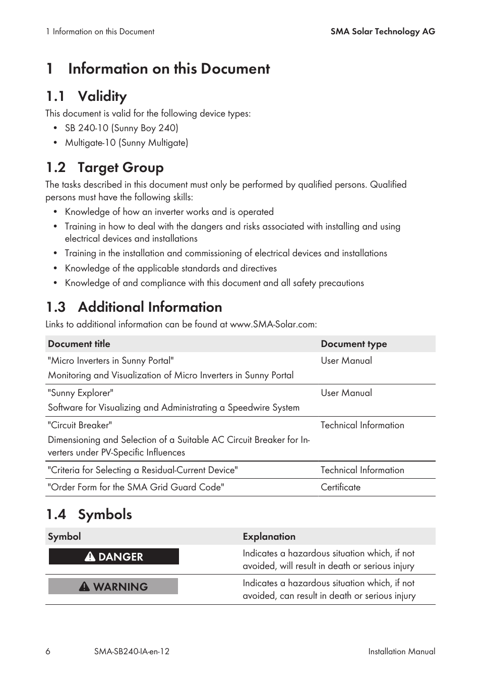 1 information on this document, 1 validity, 2 target group | 3 additional information, 4 symbols, Information on this document, Validity, Target group, Additional information, Symbols | SMA SB 240 User Manual | Page 6 / 78