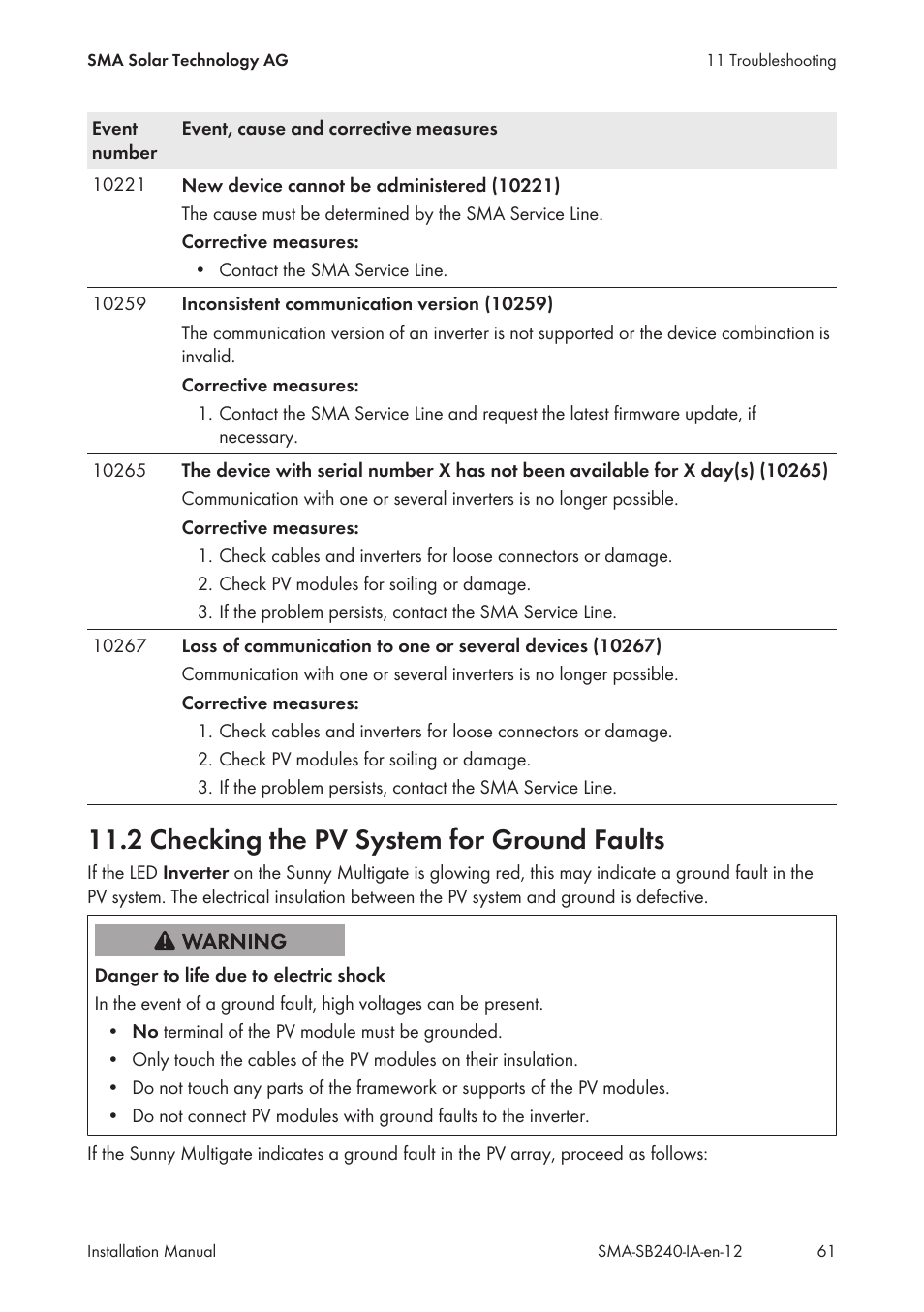 2 checking the pv system for ground faults | SMA SB 240 User Manual | Page 61 / 78