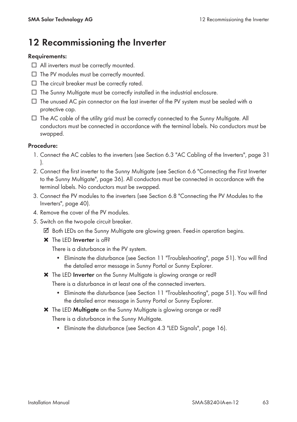 12 recommissioning the inverter | SMA SB 240 User Manual | Page 63 / 78