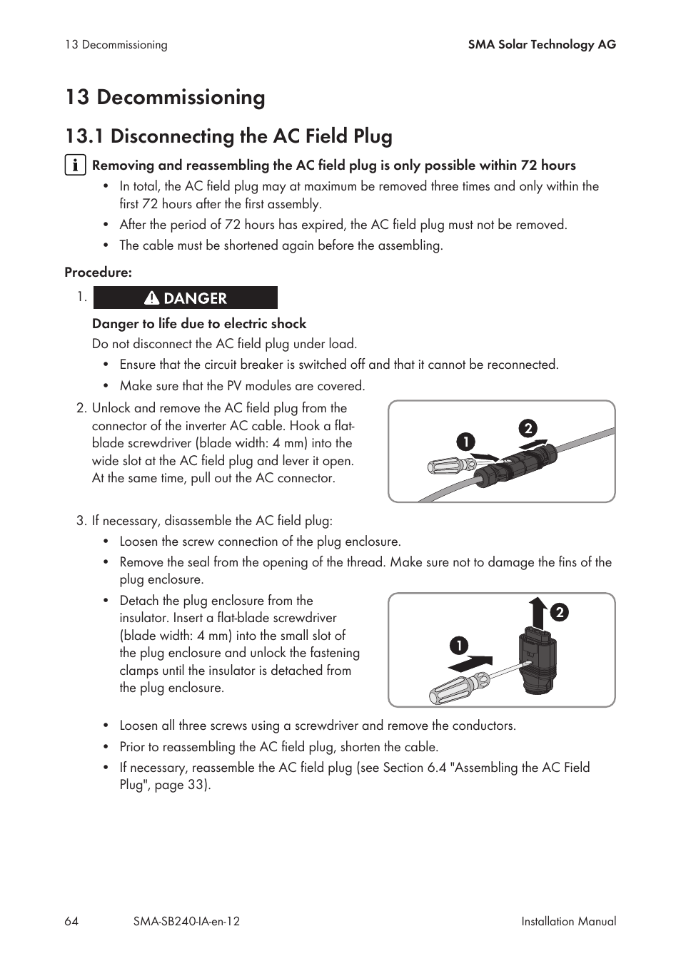 13 decommissioning, 1 disconnecting the ac field plug | SMA SB 240 User Manual | Page 64 / 78