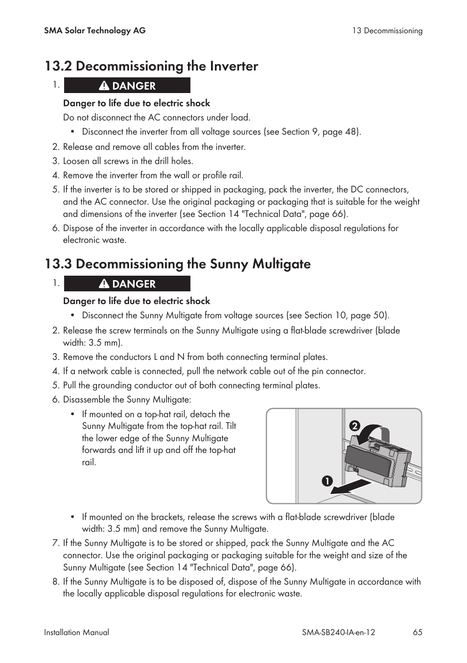 2 decommissioning the inverter, 3 decommissioning the sunny multigate | SMA SB 240 User Manual | Page 65 / 78