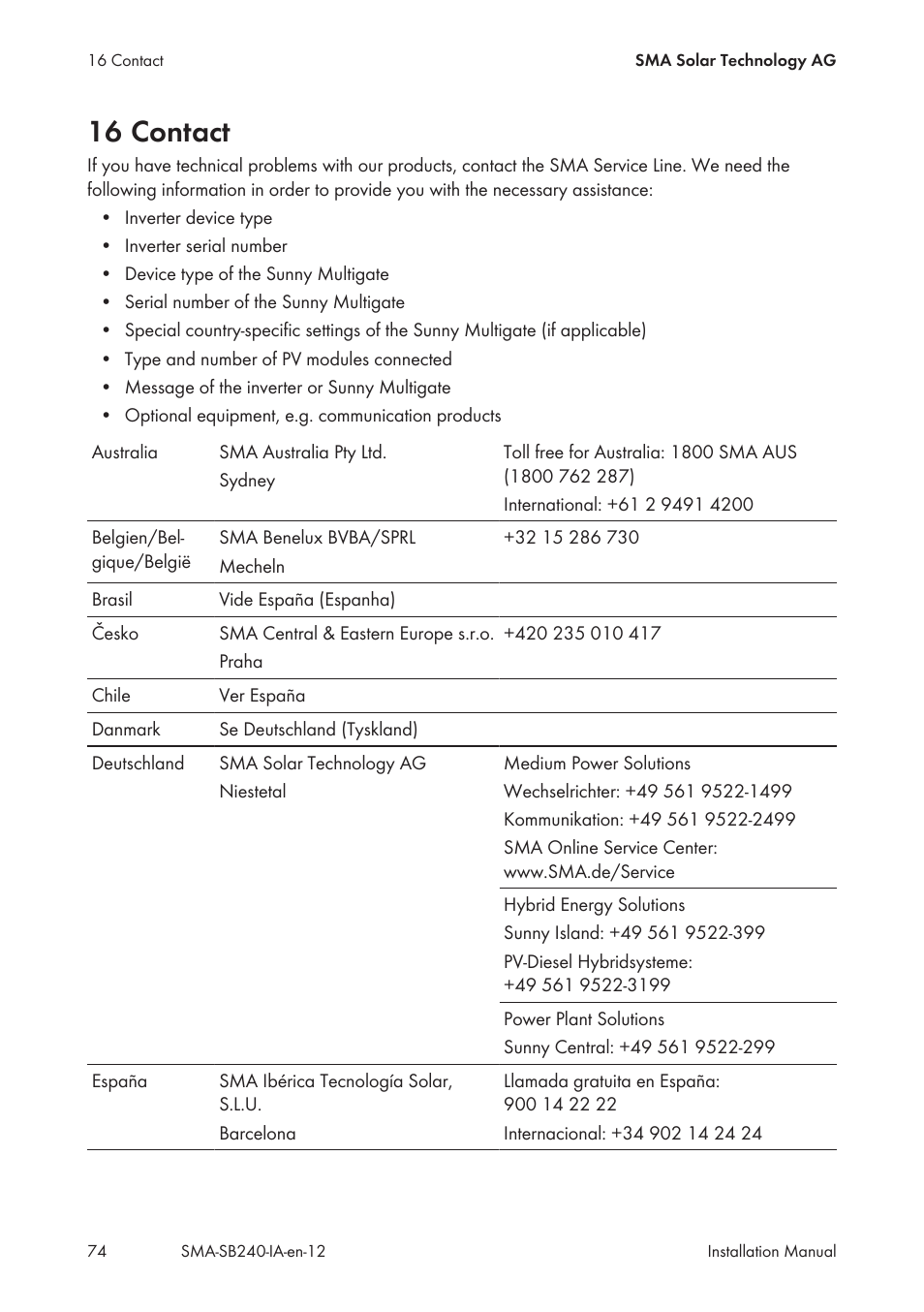 16 contact | SMA SB 240 User Manual | Page 74 / 78