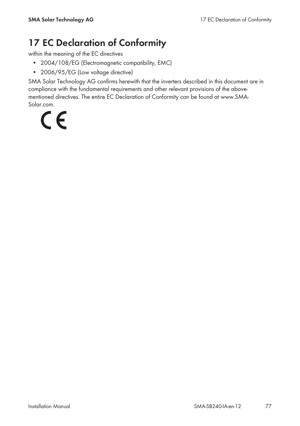17 ec declaration of conformity | SMA SB 240 User Manual | Page 77 / 78