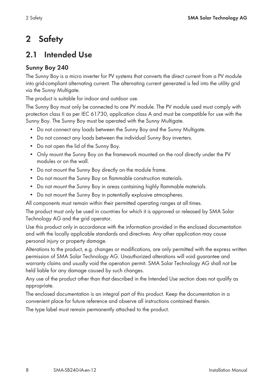 2 safety, 1 intended use, Safety | Intended use | SMA SB 240 User Manual | Page 8 / 78
