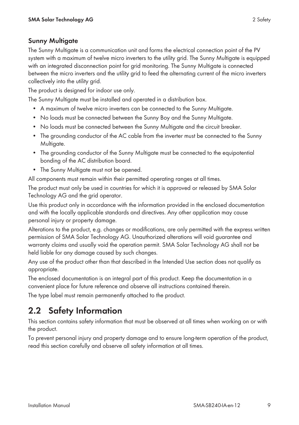 2 safety information, Safety information | SMA SB 240 User Manual | Page 9 / 78