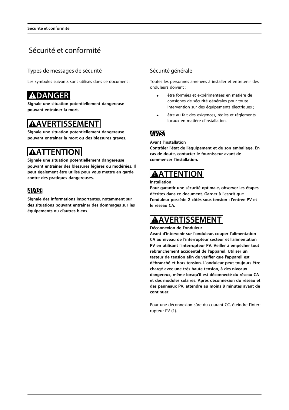 Danger, Avertissement, Attention | Sécurité et conformité | SMA FLX Series User Manual | Page 102 / 248