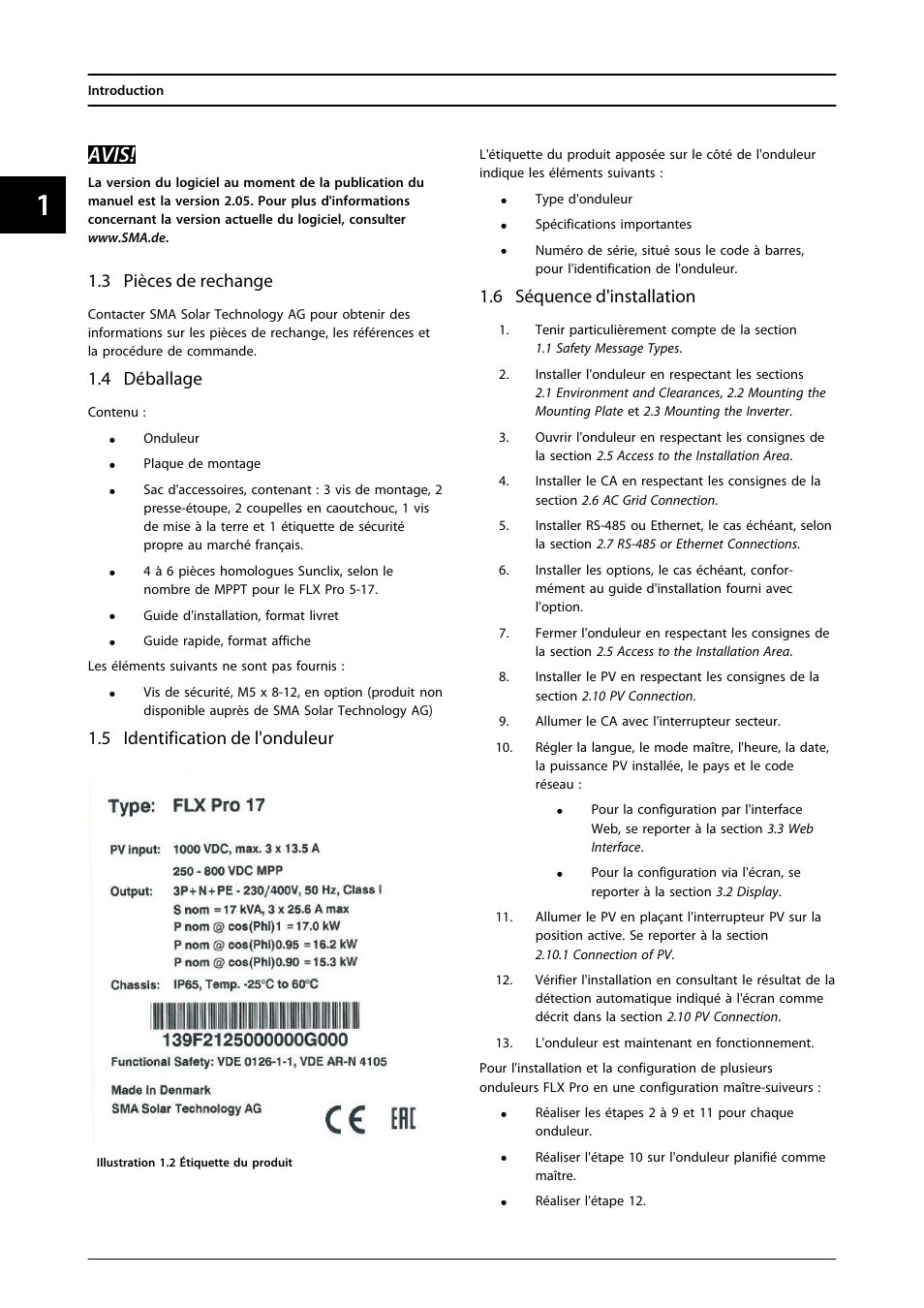 3 pièces de rechange, 4 déballage, 5 identification de l'onduleur | 6 séquence d'installation, Avis | SMA FLX Series User Manual | Page 107 / 248
