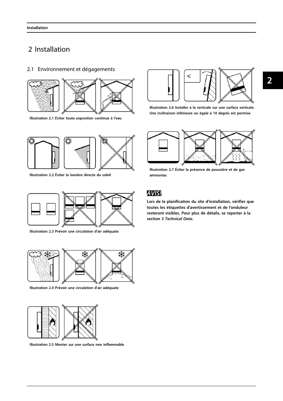 2 installation, 1 environnement et dégagements, Avis | SMA FLX Series User Manual | Page 110 / 248