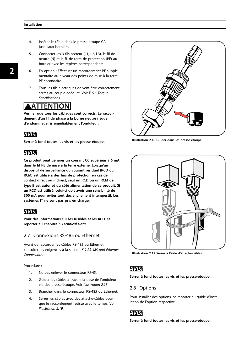 7 connexions rs-485 ou ethernet, 8 options, Attention | Avis | SMA FLX Series User Manual | Page 115 / 248