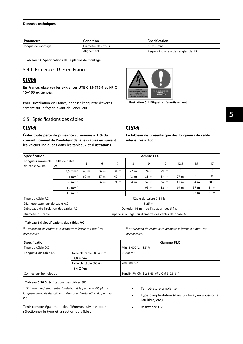 5 spécifications des câbles, Avis, 1 exigences ute en france | SMA FLX Series User Manual | Page 144 / 248