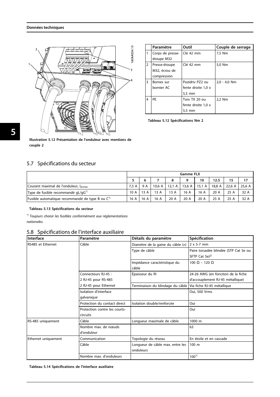 7 spécifications du secteur, 8 spécifications de l'interface auxiliaire | SMA FLX Series User Manual | Page 147 / 248